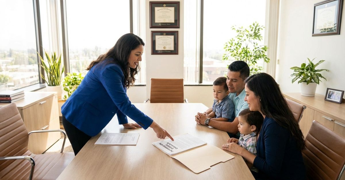 Abogado explicando documentos legales a una familia con hijos, proporcionando orientación sobre derechos de inquilinos