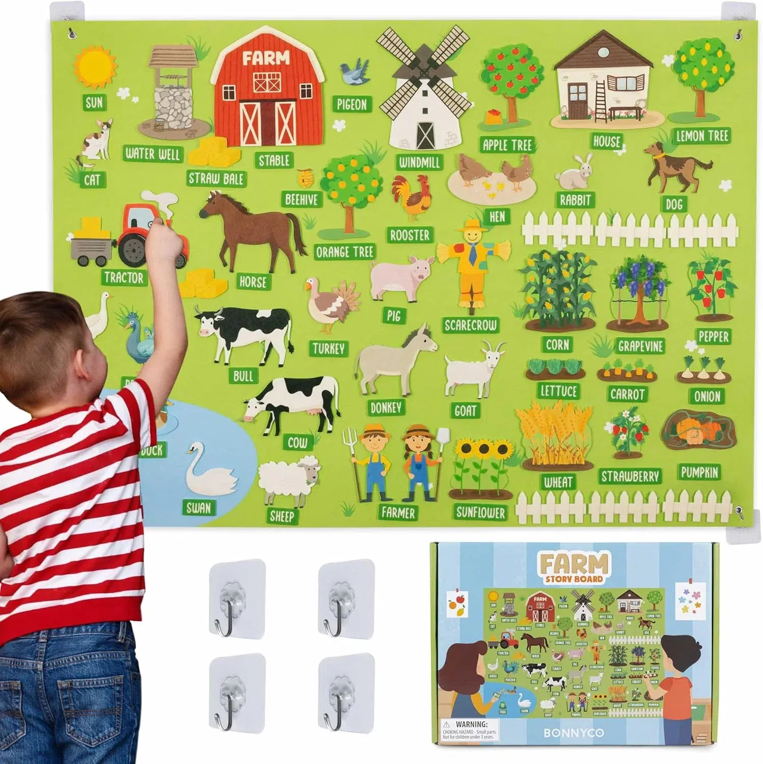 BONNYCO Pizarra de Fieltro Montessori con 92 figuras de animales de granja para niños 3 a 8 años