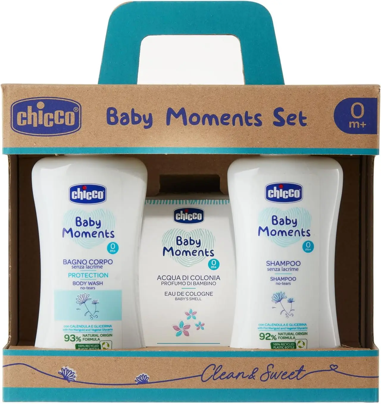Chicco Set Baby Moments baño corporal champú sin lágrimas agua de colonia regalo bebé