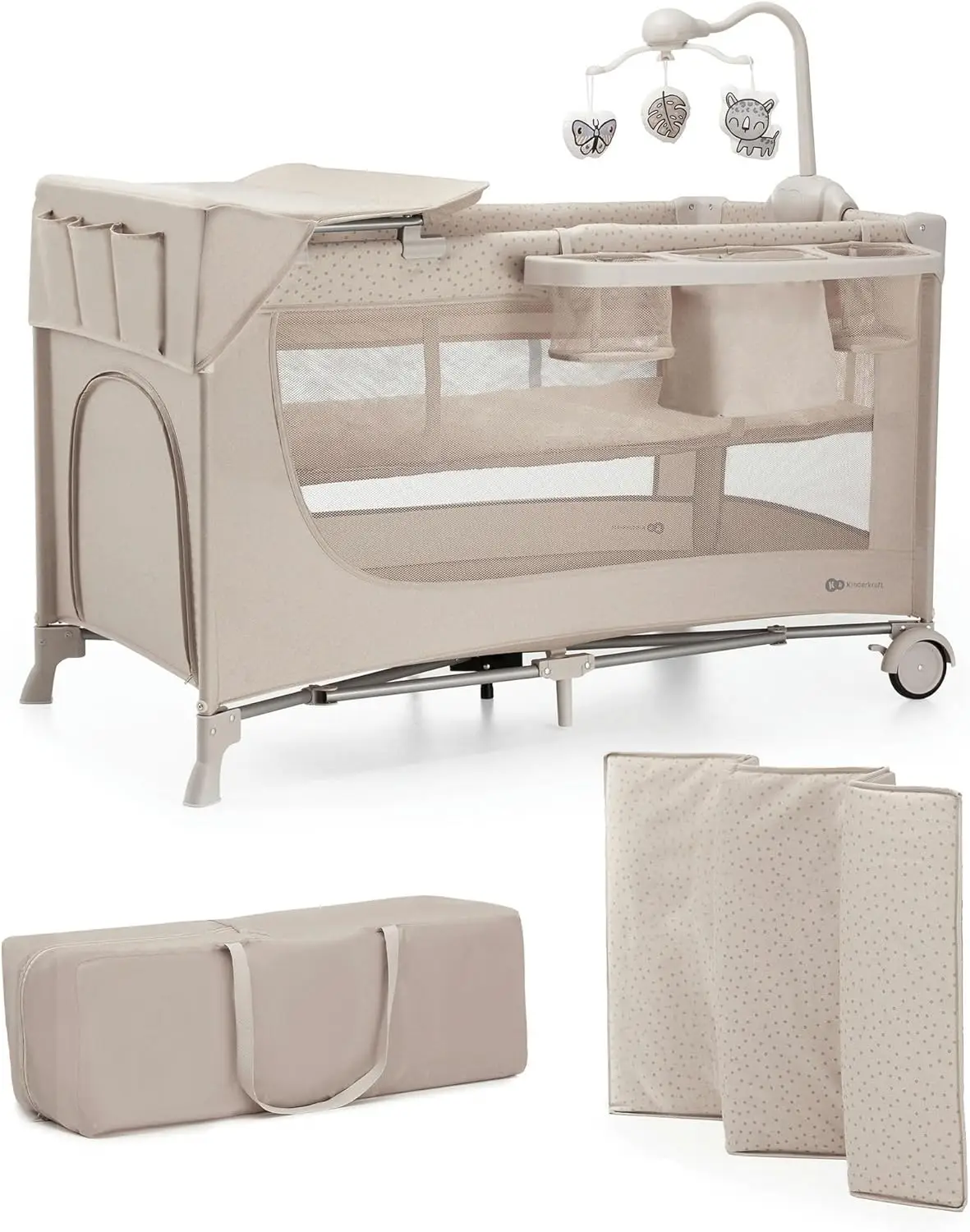 Kinderkraft Joy 2 cuna de viaje 2 en 1 bebés 0 a 24 meses con carrusel y cambiador