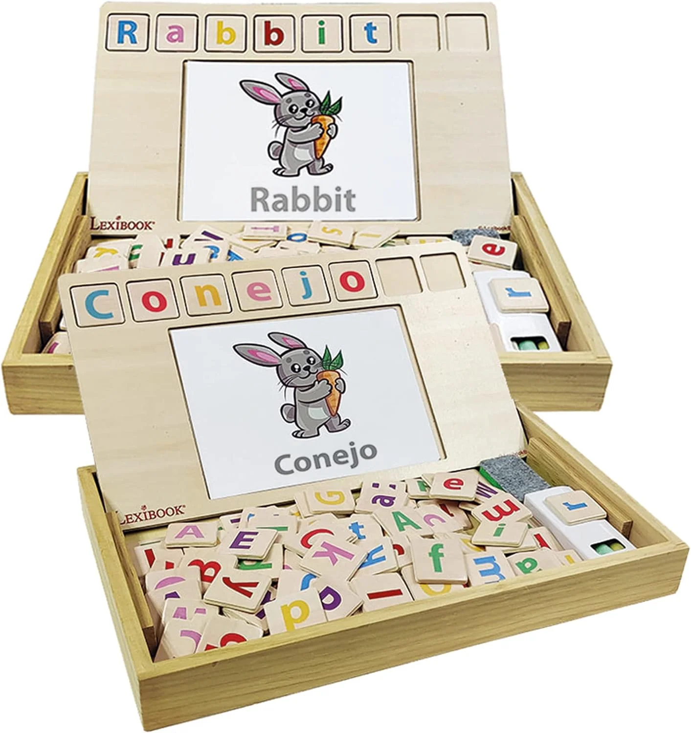 Lexibook Bio Toys Escuela de Palabras bilingüe español inglés juego madera 50 tarjetas alfabeto educativo