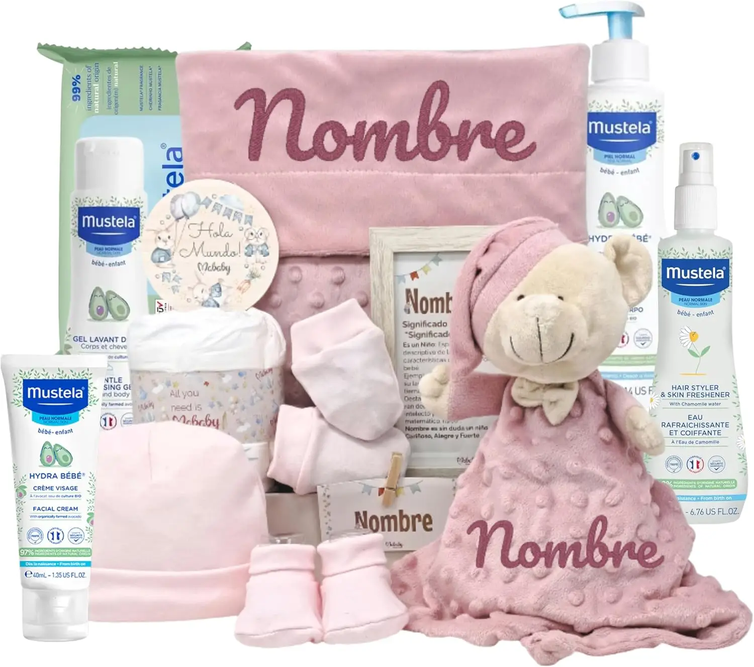 Mababyshop cesta bebé personalizada Velvet Deluxe canastilla recién nacido dou dou bordado