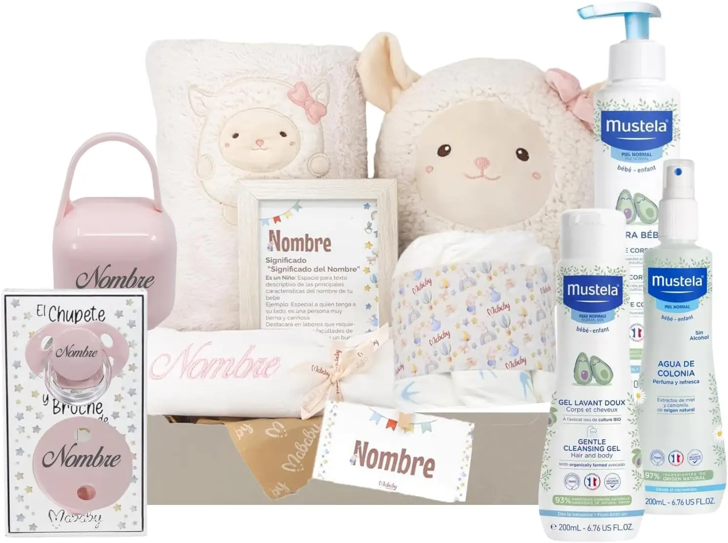 Mababyshop cesta regalo bebé personalizada Happy Ovejita Deluxe peluche manta gasa bordada chupete nombre