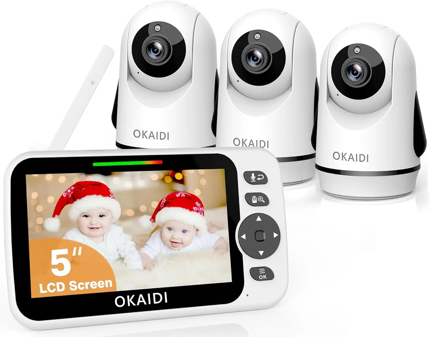 OKAIDI monitor bebé 3 cámaras pantalla 5 pulgadas sin WiFi batería 30 horas zoom panorámico inclinación
