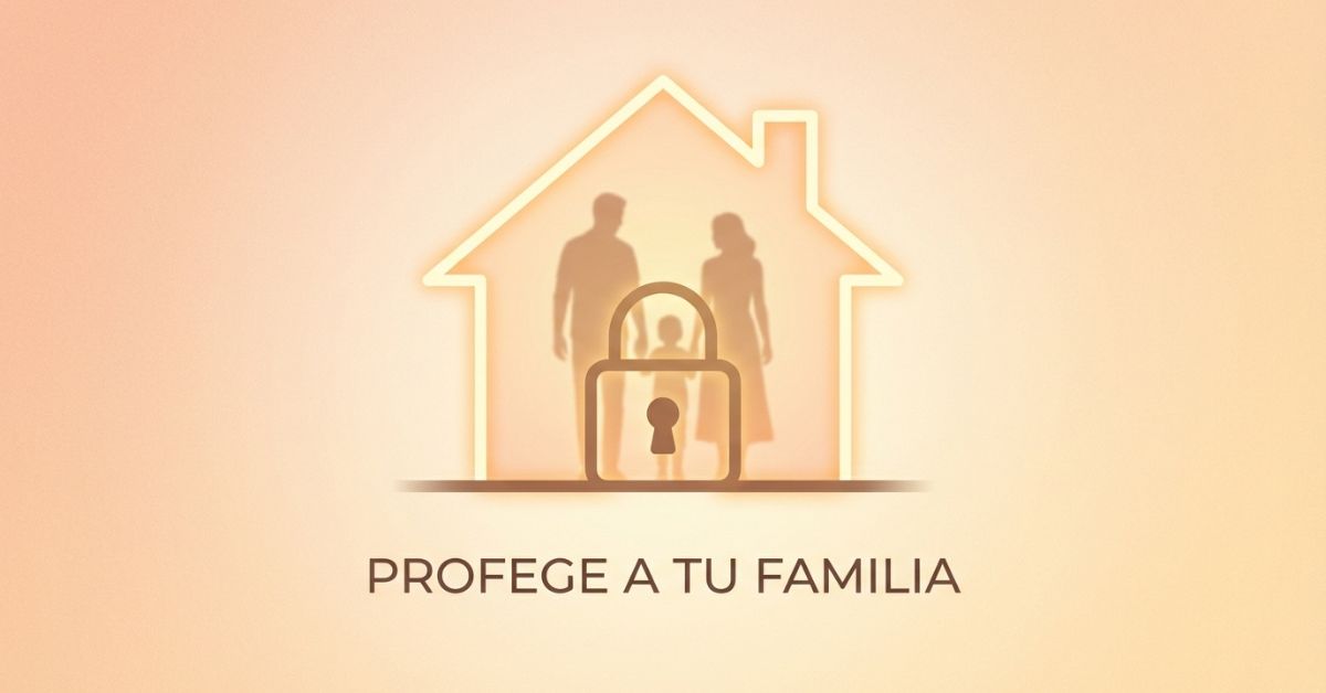 Ilustración conceptual de casa protegida con candado y sombra de familia dentro, simbolizando seguridad y derechos de vivienda