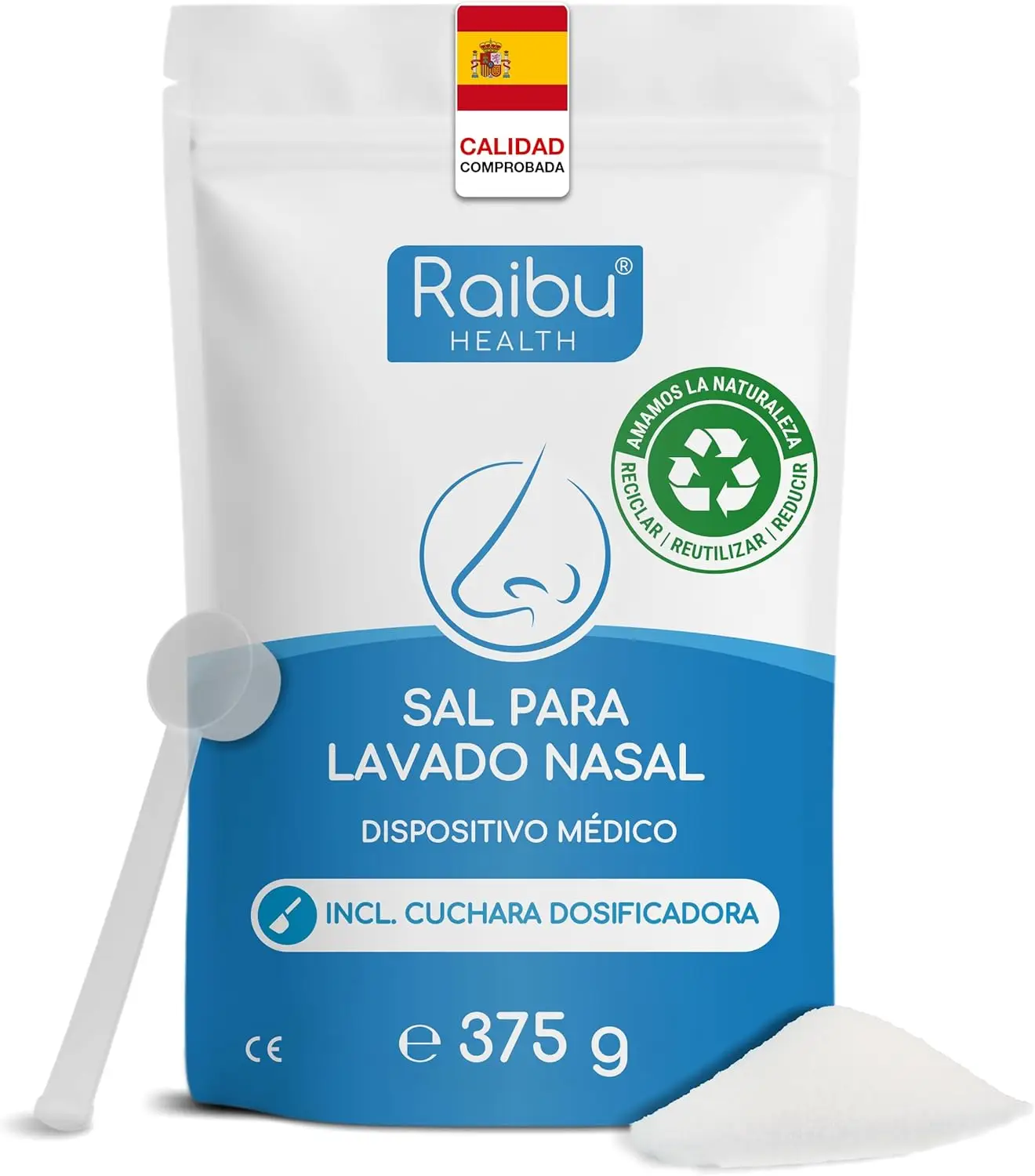 Sal lavado nasal Raibu 150 porciones 375g lata XXL cuchara dosificadora vegana