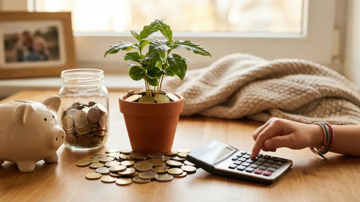 niño usando calculadora con hucha y monedas visualizando el crecimiento del interés compuesto ahorro futuro