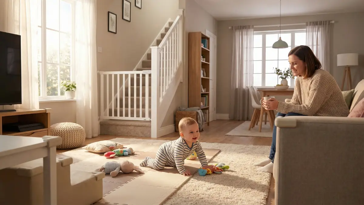 casa segura bebé gateando barrera escaleras protecciones seguridad infantil