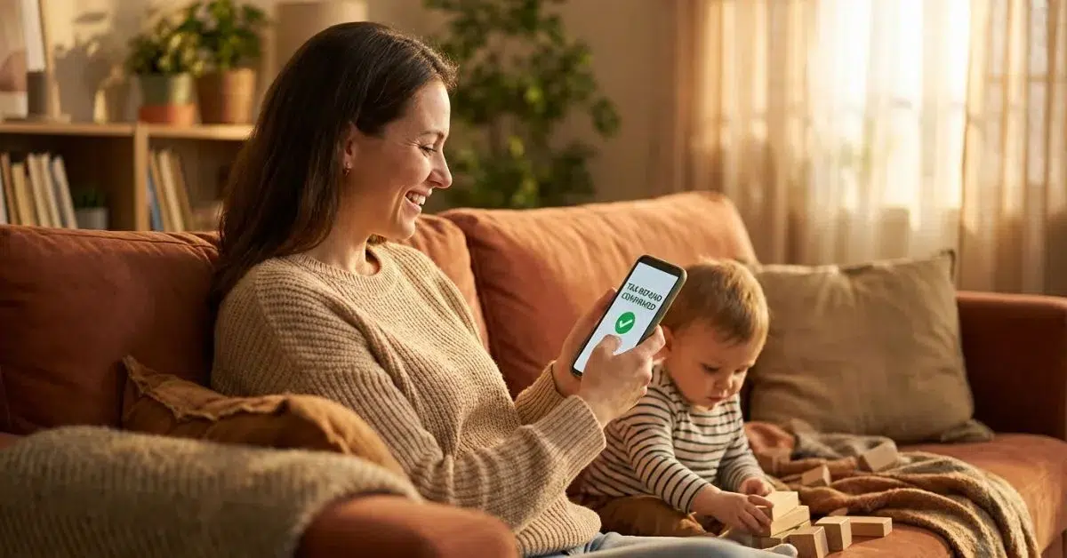 Madre solicitando el cheque guardería 2026 desde casa en la sede electrónica de la Agencia Tributaria con su hijo jugando al fondo
