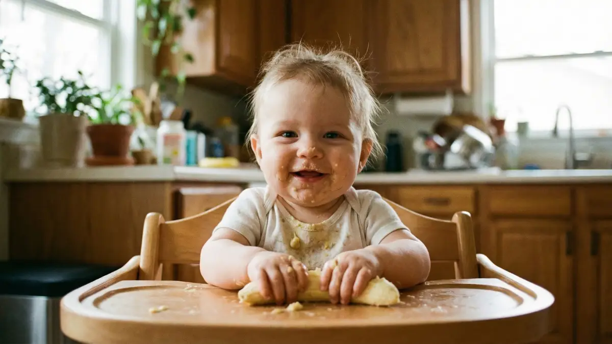 bebé de 6 meses explorando su primer desayuno BLW con plátano maduro en la trona