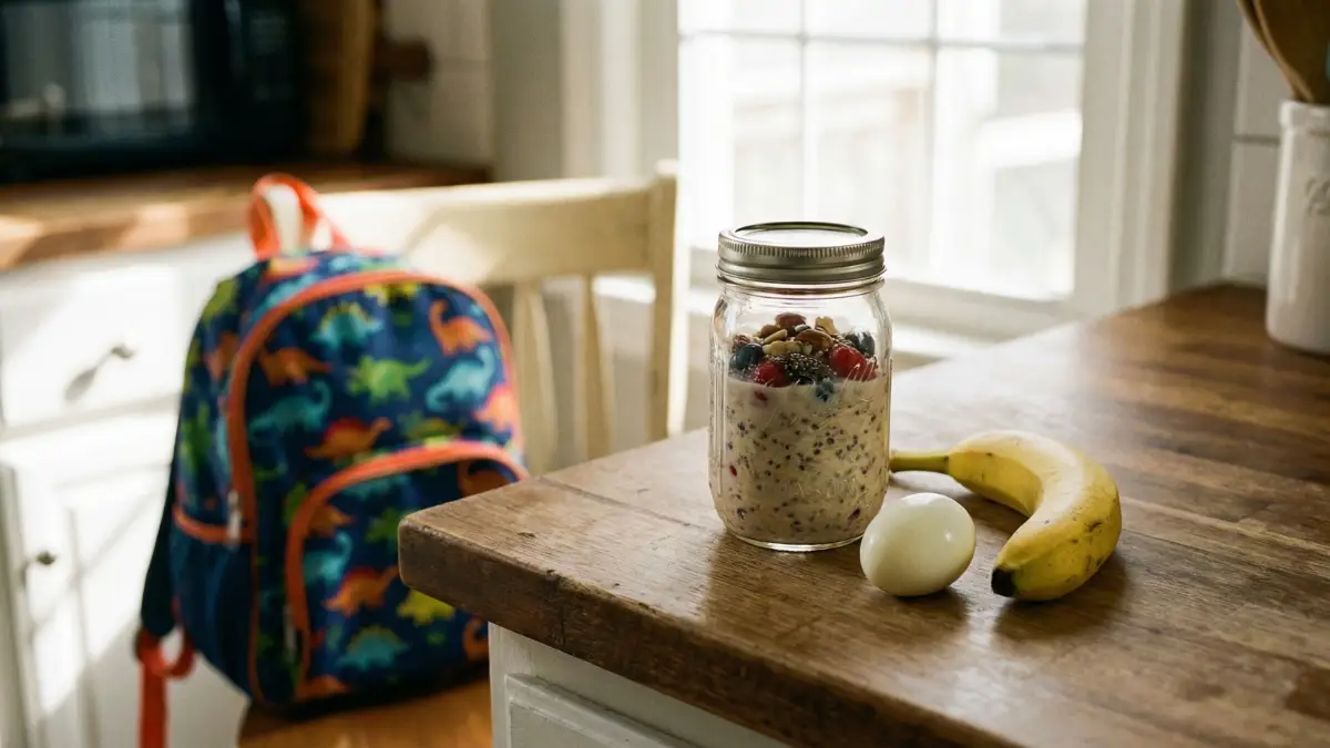 desayuno rápido y saludable para el colegio: overnight oats en tarro, huevo duro y plátano preparados la noche anterior