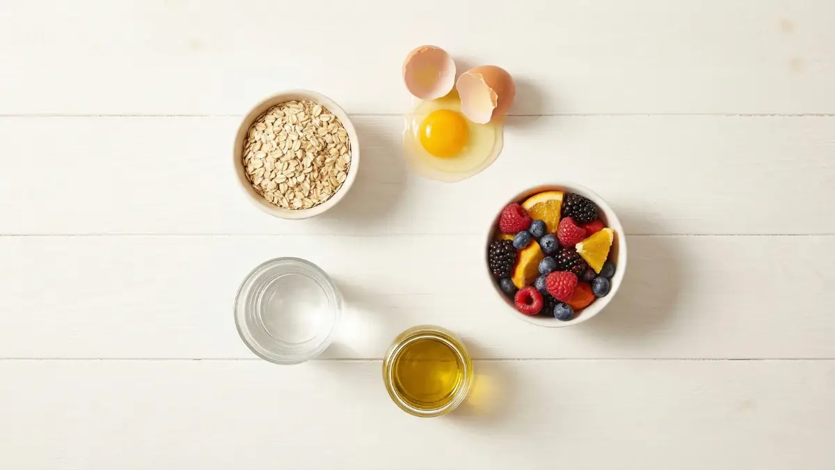 los 5 componentes del desayuno saludable para niños: avena, huevo, fruta, aceite de oliva y agua