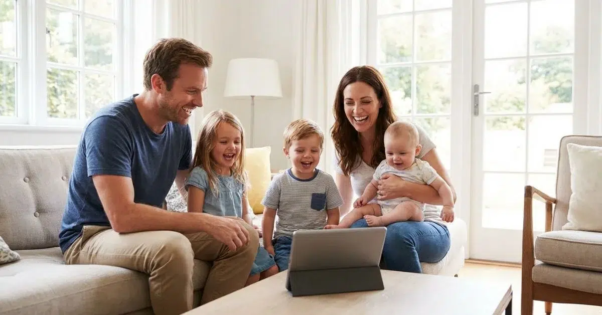 Familia numerosa consultando en una tablet los beneficios fiscales por nacimiento