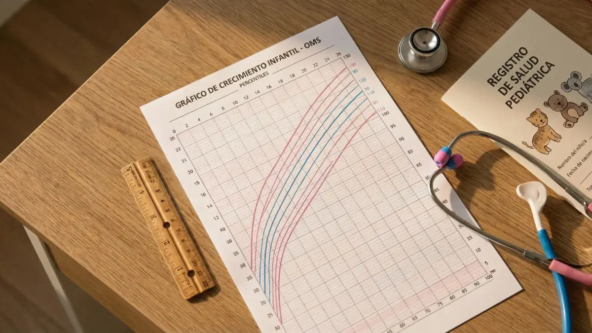 gráfica de crecimiento infantil con curvas de percentiles P3 a P97, regla y cartilla de salud sobre mesa blanca