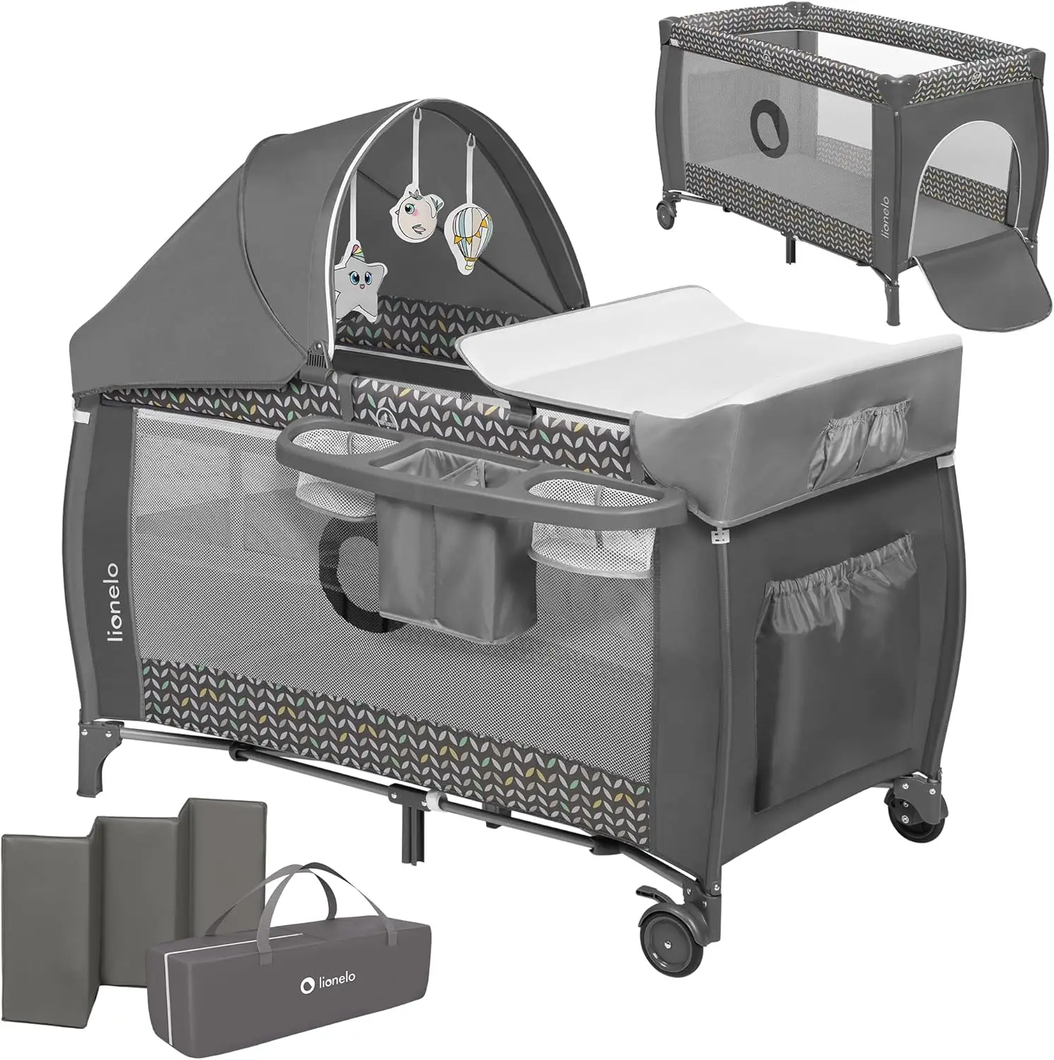 Lionelo Sven Plus cuna de viaje 0 a 36 meses cambiador mosquitero apertura lateral gris