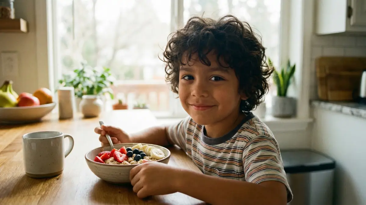 niño sano en percentil normal desayunando un bol de avena con fruta en casa — crecimiento saludable