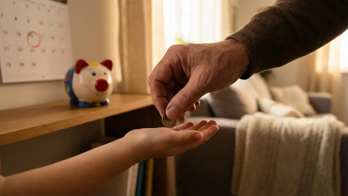padre dando paga semanal a su hijo niño con hucha educación financiera en casa