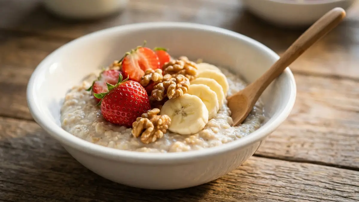 bol de porridge de avena saludable con fresas, plátano y nueces para el desayuno de los niños