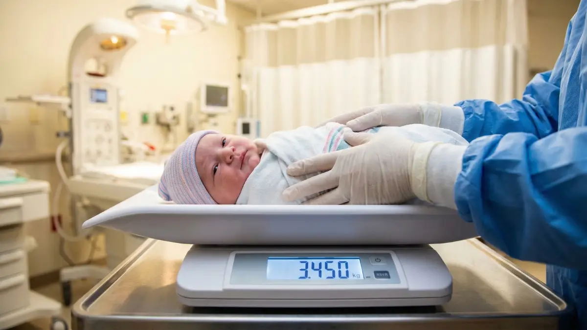 bebé recién nacido siendo pesado en báscula digital en revisión pediátrica para calcular su percentil de peso