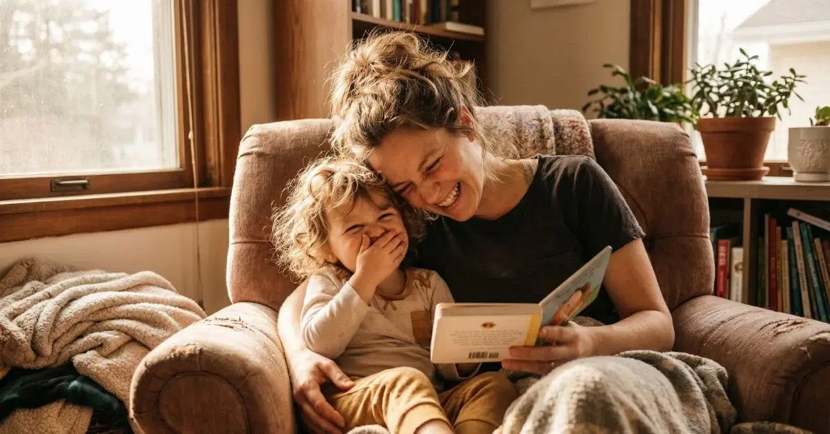 Madre e hijo de 3 años practicando trabalenguas fáciles en casa riéndose juntos
