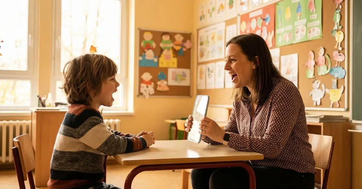 Niño de 6 años practicando la pronunciación de la letra R con trabalenguas en una sesión de logopedia