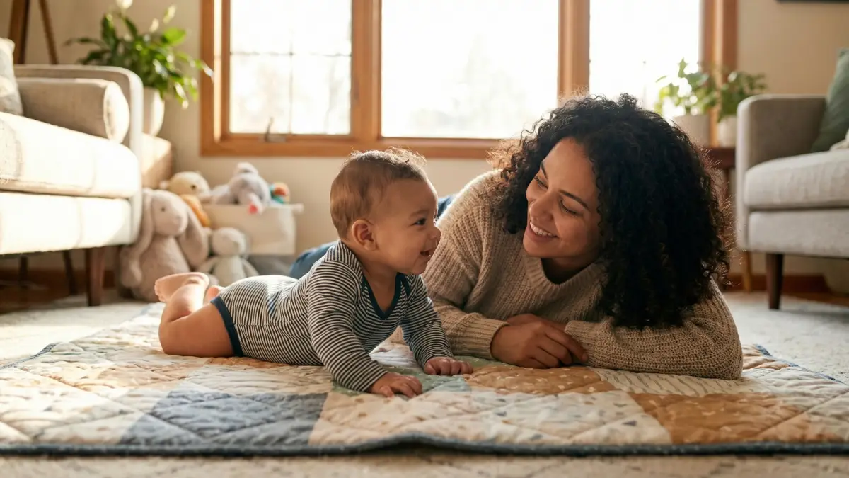 madre haciendo tummy time con su bebé en alfombra ejercicios para estimular el gateo
