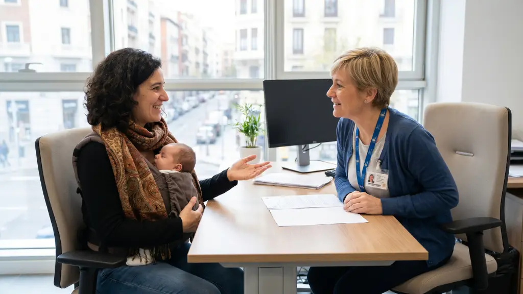 Madre inmigrante recibiendo asesoramiento de trabajadora social en Andalucía