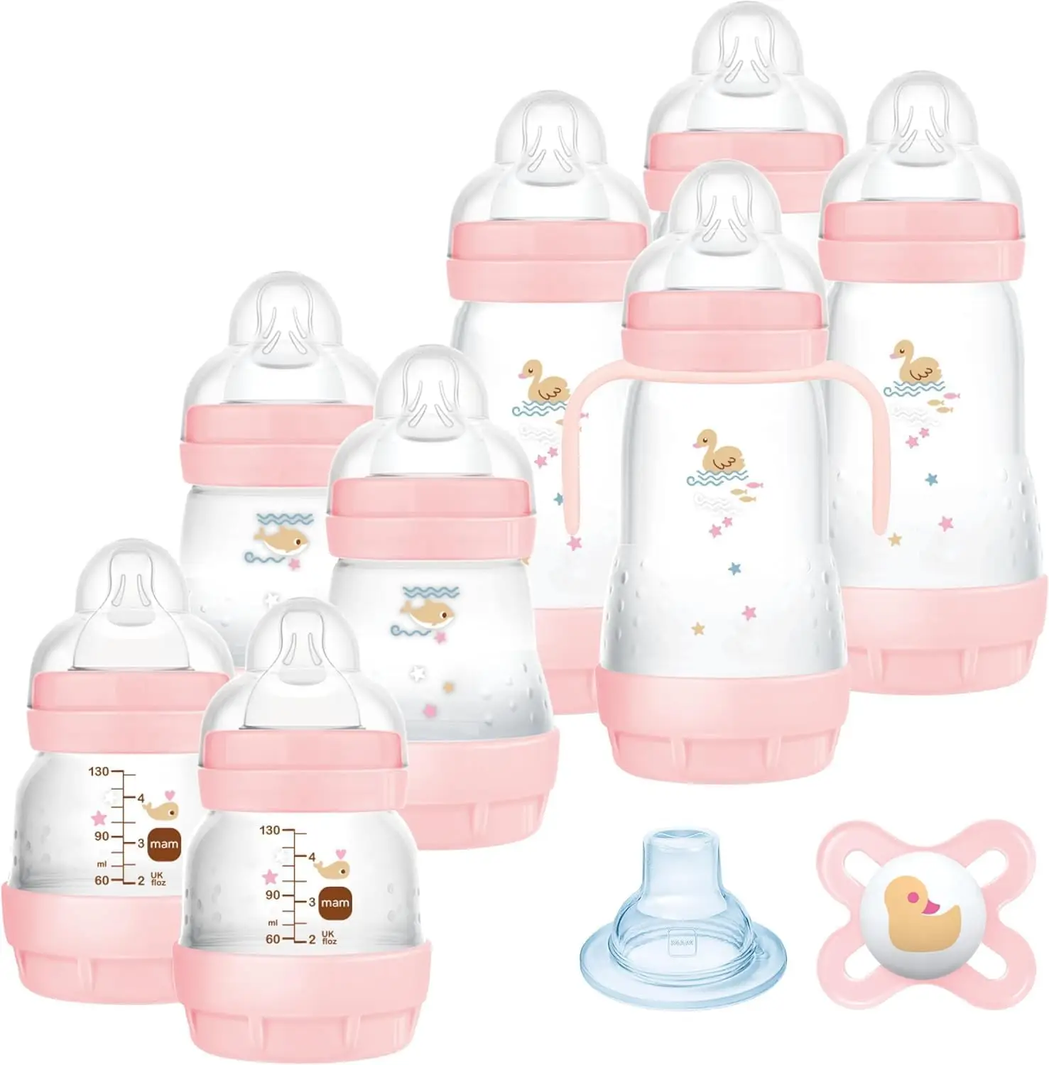 MAM set biberón Easy Start Anti-Colic 8 biberones 130ml 160ml 260ml chupete Start Nanò rosa anticólico