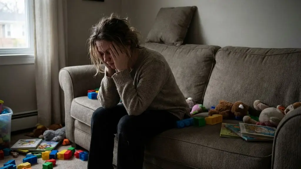 Madre cansada y estresada organizando el día con tres hijos en casa — caos familiar y agotamiento materno