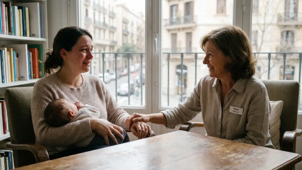 Madre en España consultando con su matrona sobre ansiedad posparto y salud mental materna en el centro de salud