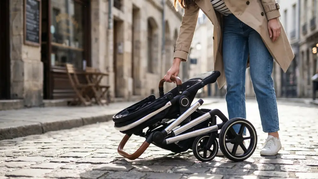 Madre plegando carrito urbano con una sola mano mientras sujeta a su bebé