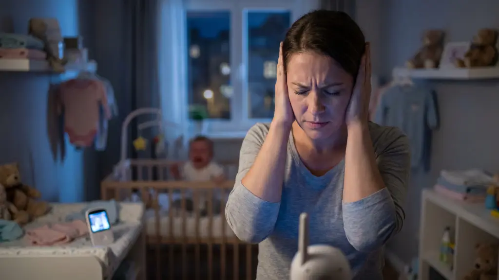 Madre con sobreestimulación sensorial materna saturada por el llanto continuo del bebé — síndrome Touched Out en el posparto