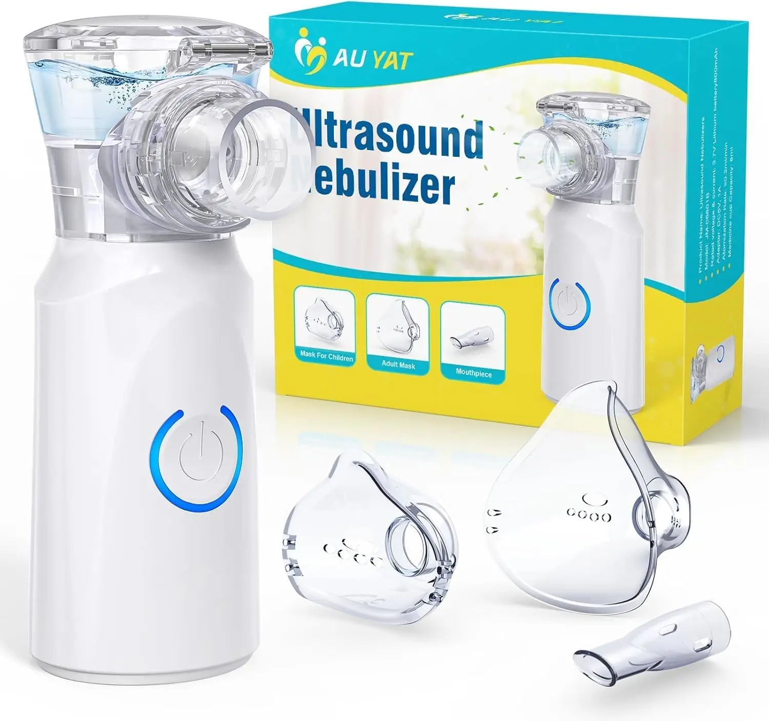Nebulizador portátil recargable adultos niños silencioso 2 máscaras boquilla mango doméstico viaje AU YAT