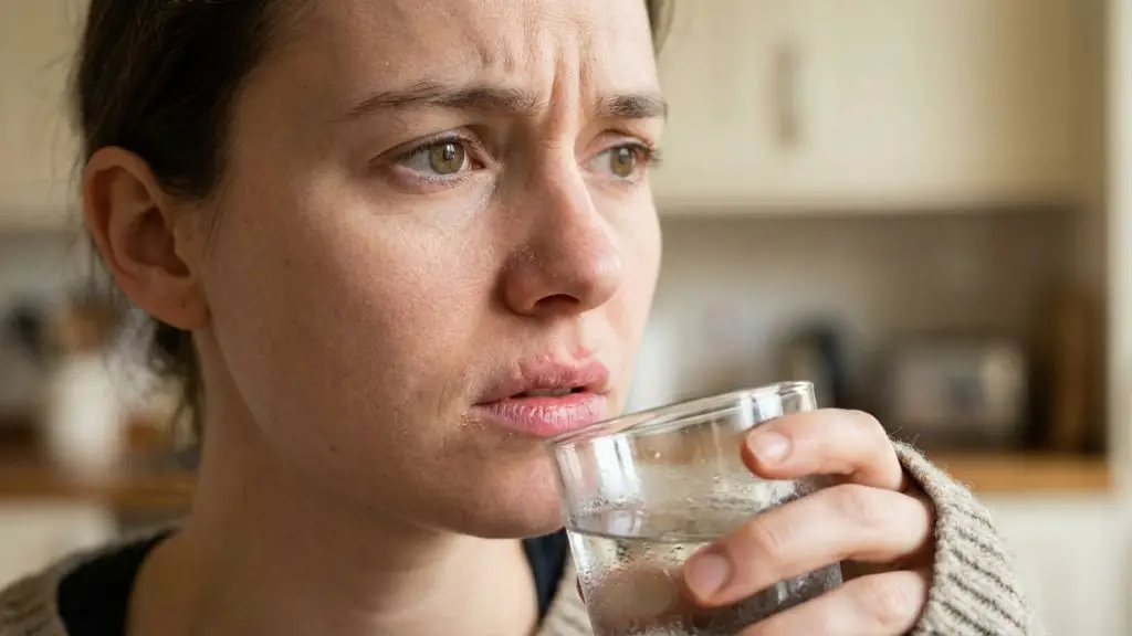 Persona con boca seca y labios secos bebiendo agua — sed excesiva y boca seca como síntomas combinados