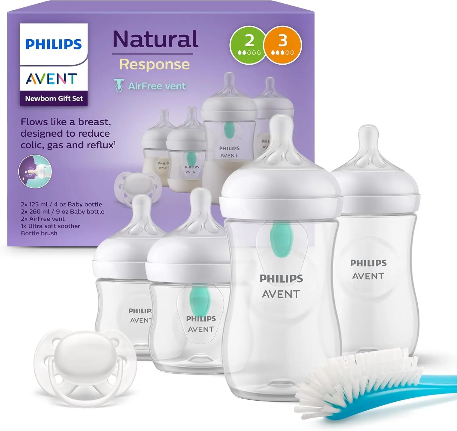 Philips Avent set regalo recién nacidos 4 biberones sistema AirFree chupete ultra soft escobilla 0-12 meses
