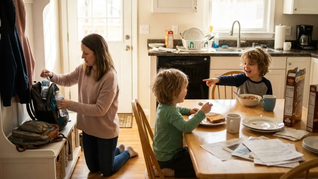 Rutina de mañana con niños antes del colegio — familia organizada desayunando juntos