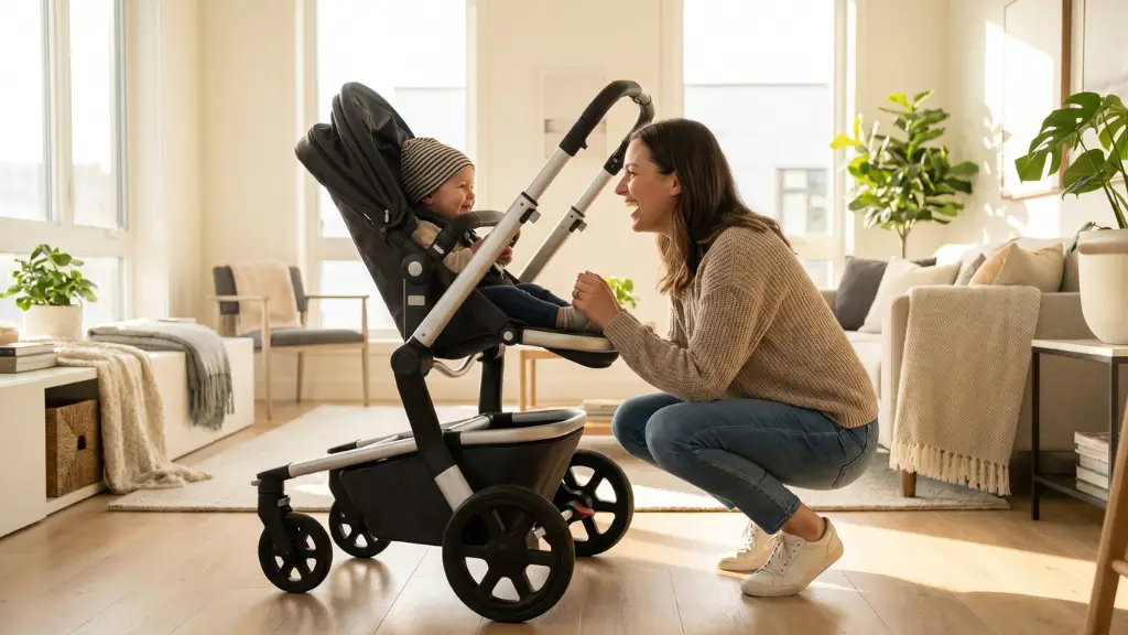 Madre interactuando con bebé gracias al asiento 360 de la silla de paseo MoMi ADELLE