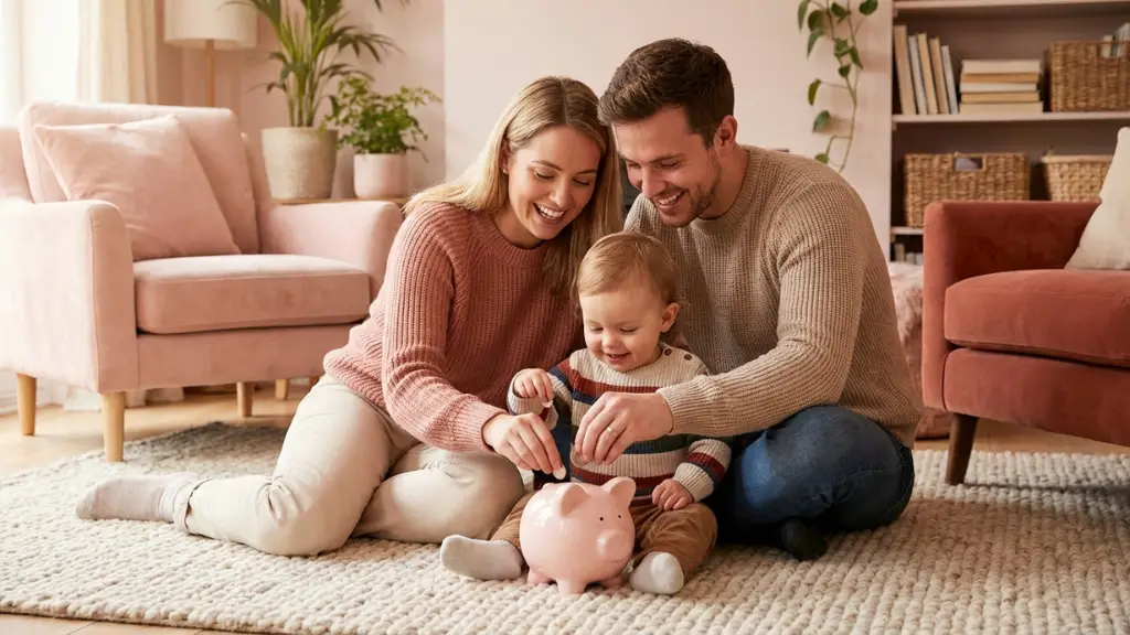 Familia planificando el ahorro y la inversión de los 200 euros mensuales de la prestación por hijo