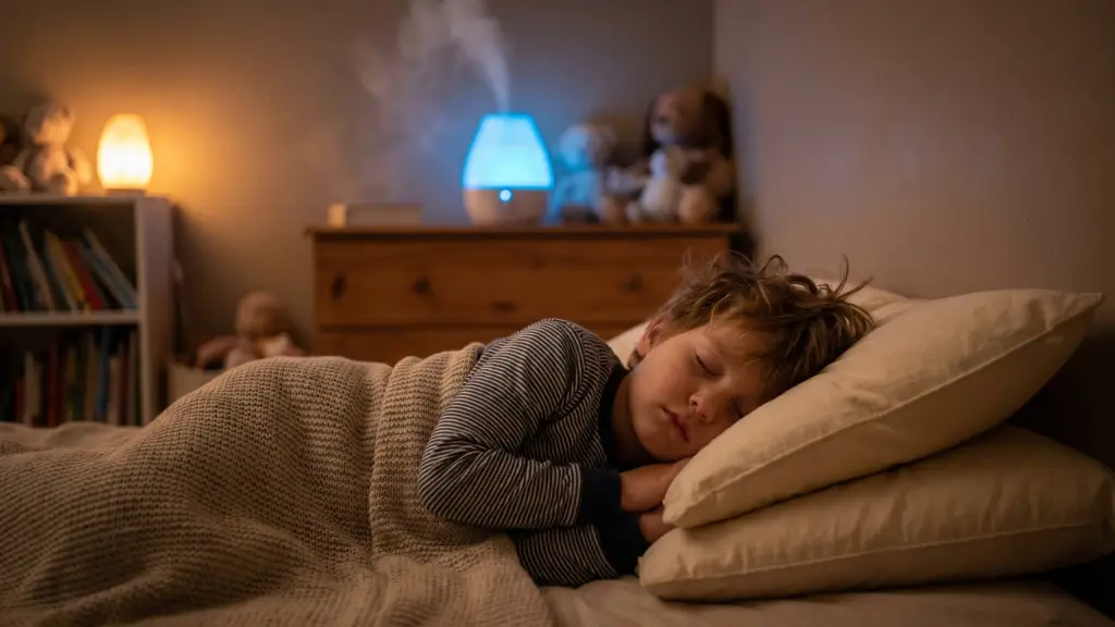 Niño durmiendo plácidamente con un humidificador en la habitación