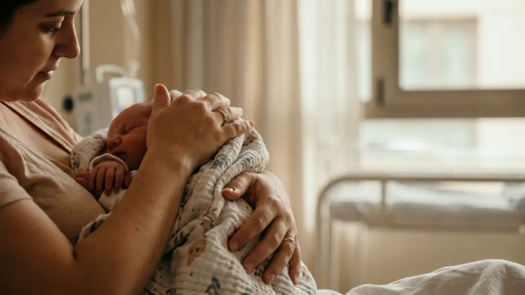 Madre acariciando a su recién nacido en un hospital catalán, representando el acceso a la ayuda de natalidad de la Generalitat