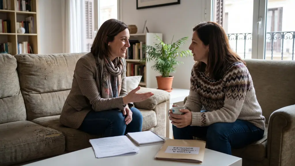 Trabajadora social informando a una madre en su casa sobre el servicio municipal de ayuda a domicilio en Sevilla