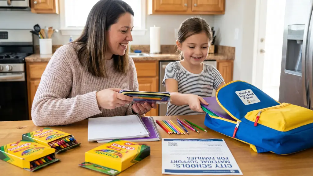 Madre e hija preparando la mochila con útiles nuevos gracias a la ayuda para material escolar del Ayuntamiento de Sevilla