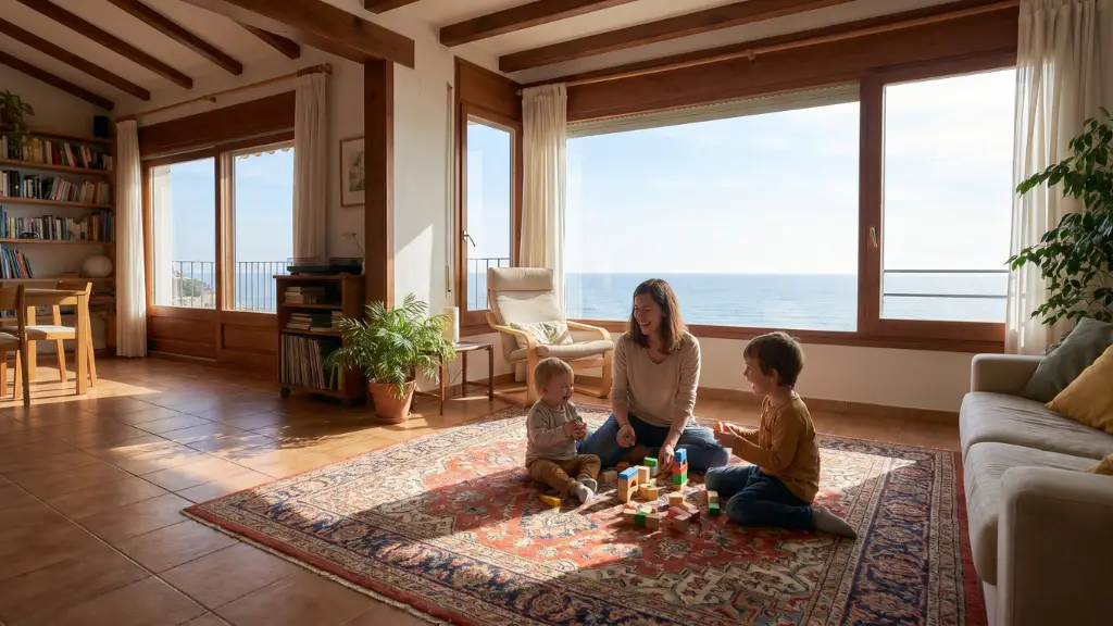 Familia feliz jugando en el salón de su piso de alquiler en Tarragona garantizado por las ayudas de vivienda de 2025 en Cataluña