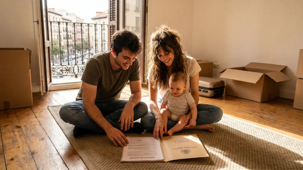 Familia joven en su piso de alquiler gestionado con las ayudas del Consorci de l'Habitatge de Barcelona