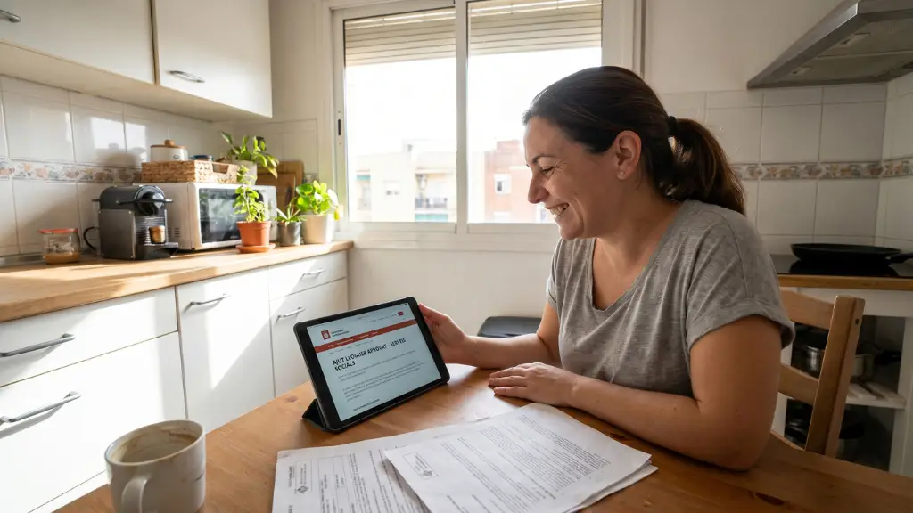 Madre aliviada consultando las ayudas sociales de emergencia en L'Hospitalet de Llobregat