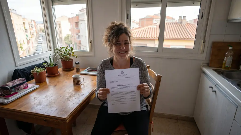 Madre aliviada en su hogar tras recibir la confirmación de las ayudas de alquiler y urgencia de los Servicios Sociales de Lleida