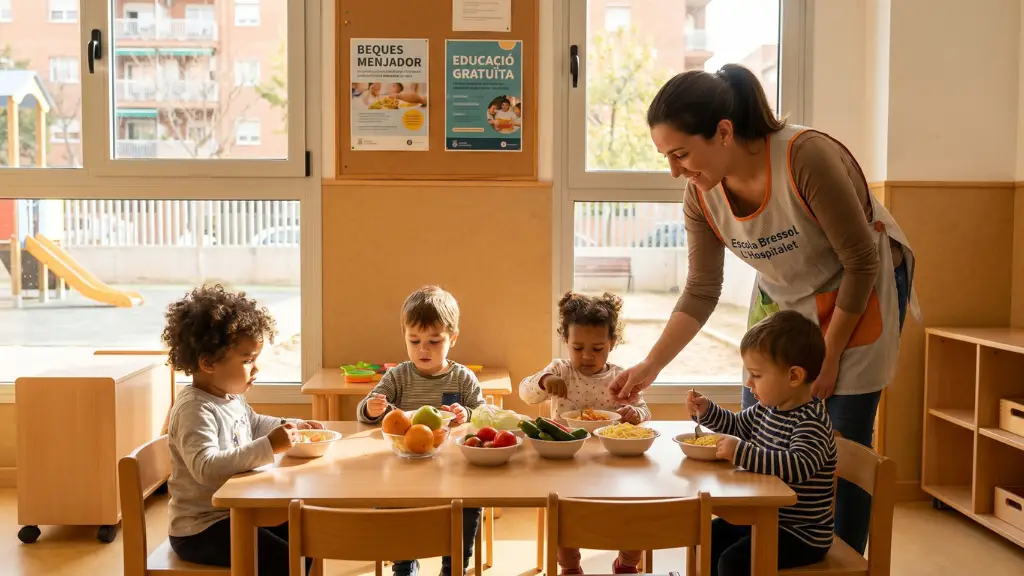 Niños pequeños comiendo felices en una Escola Bressol Municipal de L'Hospitalet con beca comedor