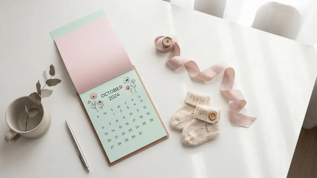 Calendario abierto junto a unos pequenos patucos de bebe de punto y un lazo