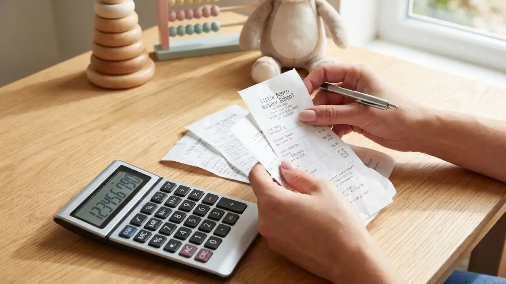 Recibos de escuela infantil y calculadora sobre una mesa para la deducción por gastos de guardería en Andalucía
