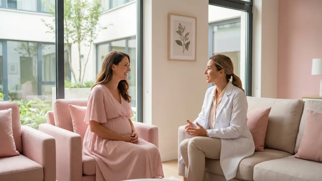 Mujer embarazada en consulta médica por seguro privado sin periodo de carencia